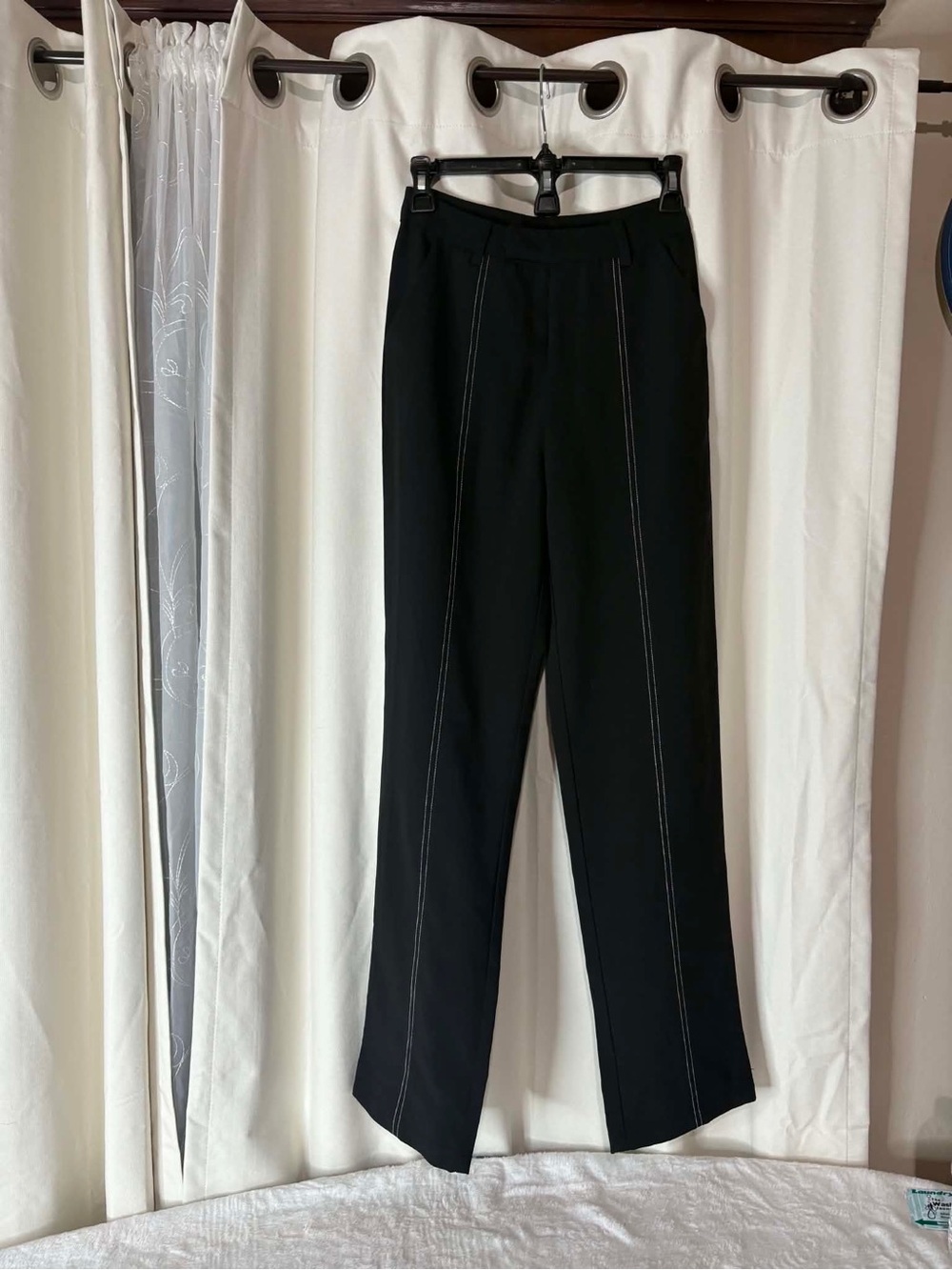 Princess Polly Black Straight-Leg Pants with White Stitching size 2